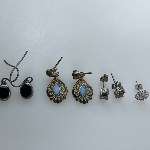 Vintage Lot 3 Pair And Single Earrings Sterling Silver 925 Assorted Designs Need Cleaned As Is Used