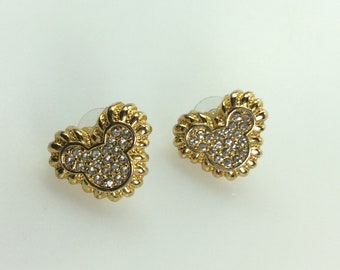 Vintage Disney Stud Earrings Gold Toned Mickey Mouse Shape With Clear Rhinestones Used