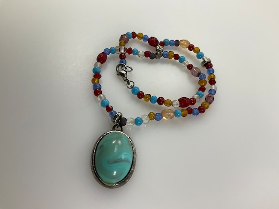 Vintage 15” Necklace Faux Turquoise Oval With Red… - image 1