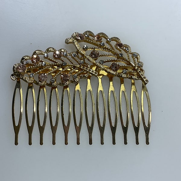 Vintage Hair Comb Gold Toned With Leaves Pink And Clear Rhinestones Used