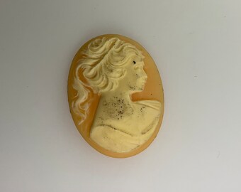 May include: Oval cameo brooch featuring a profile of a woman with flowing hair and a draped garment. The relief is cream-colored against a peach-toned background. The brooch has a classic, vintage aesthetic.