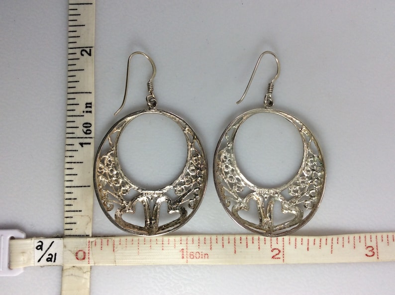 Vintage Dangle Earrings Sterling Silver 925 Diamond Cut Oval With Hearts And Floral Design Need Cleaned Used