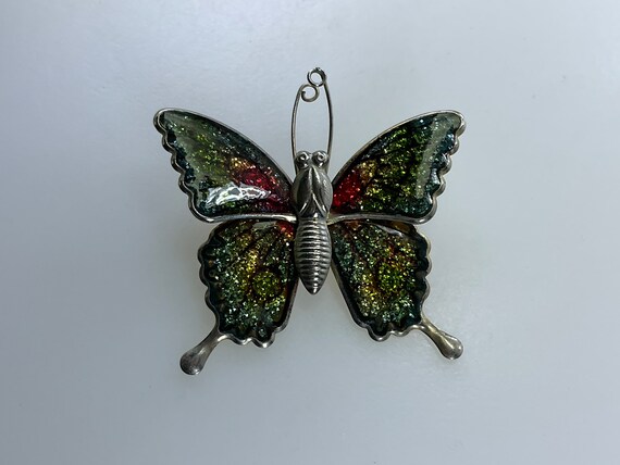 Vintage Pin Brooch Gold Toned Butterfly Green Red… - image 1