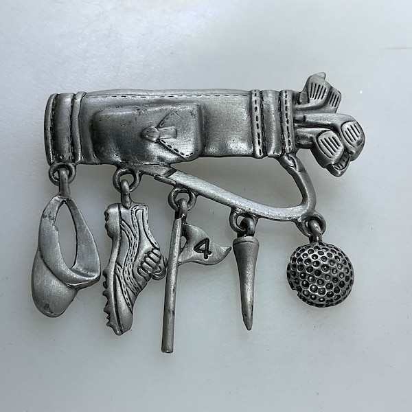 Vintage JJ Pin Brooch Pewter Toned Golf Bag With Dangles Used