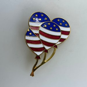 Vintage Pin Brooch Gold Toned Balloons With Stars Stripes Red White Blue Enamel Used