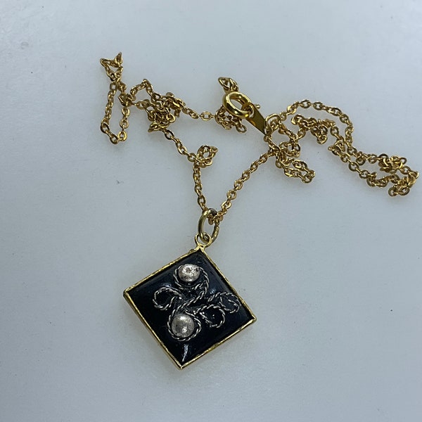 Vintage 16” Necklace Gold Toned Diamond Shape With Black Enamel And Silver Toned Accents Used