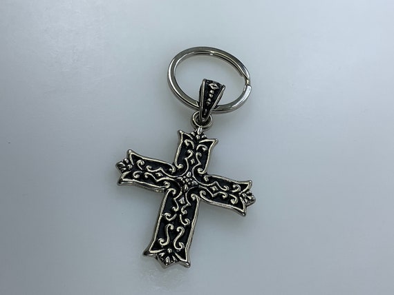 Vintage Keychain Silver Toned Floral Cross With B… - image 1