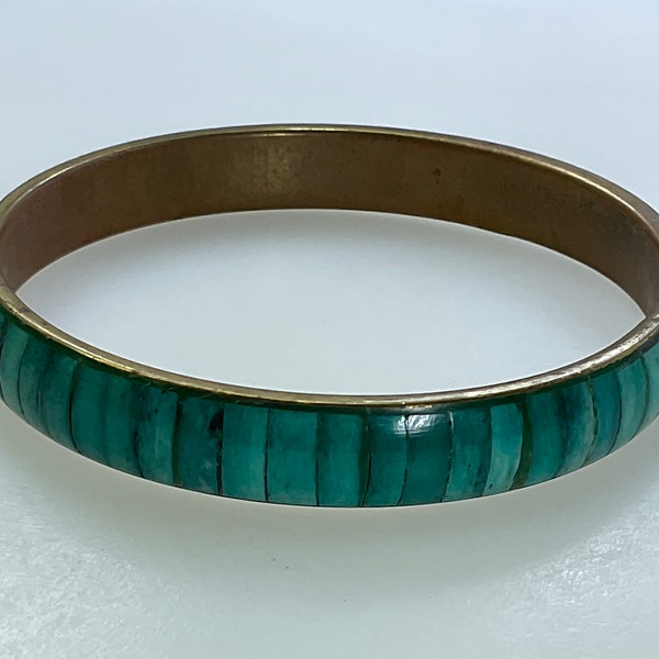 Vintage 8” Brass Toned Bracelet Bangle With Blue Green Bone Inlay Needs Cleaned Used