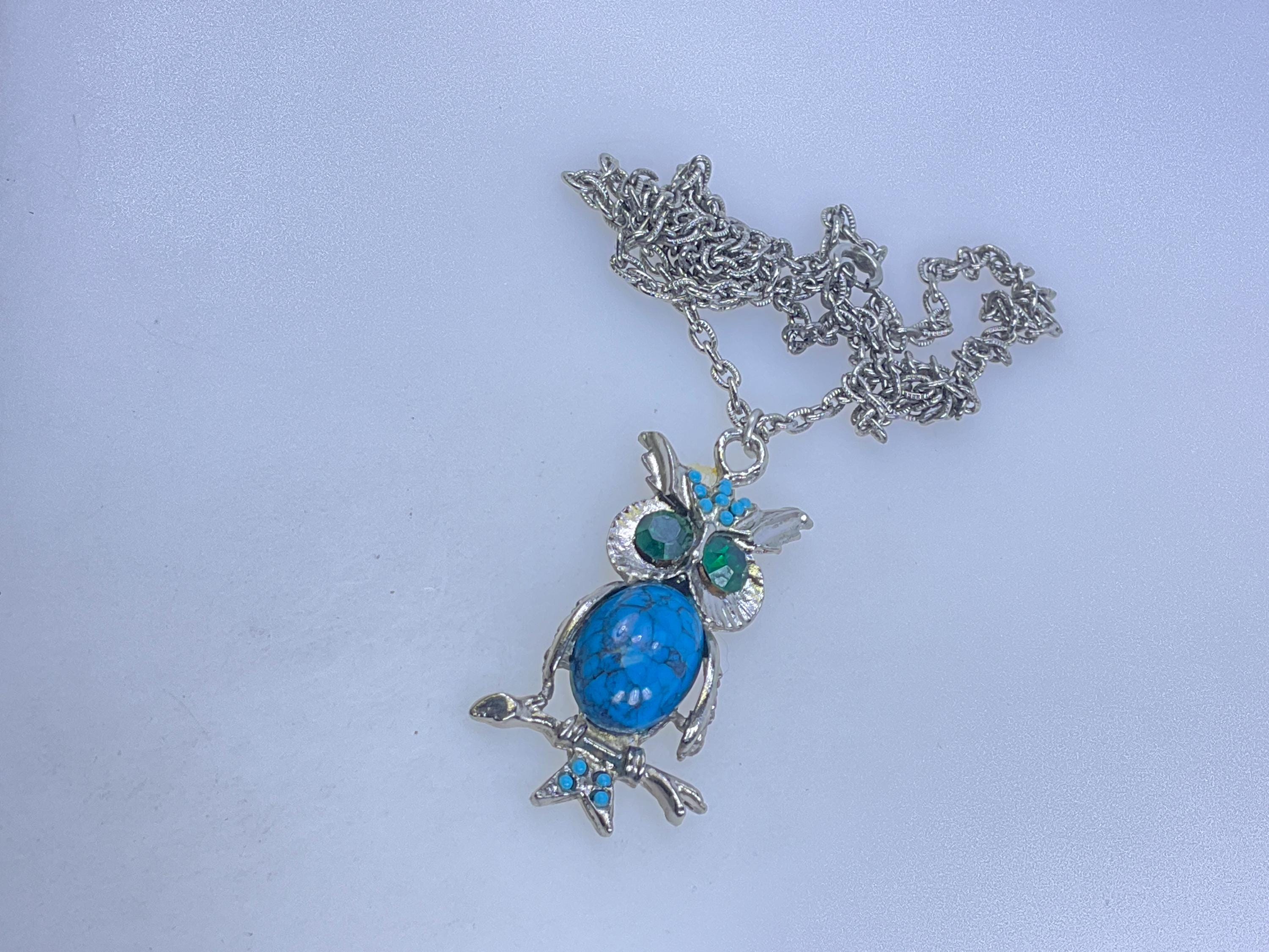 Vintage 24” Necklace Silver Toned Owl With Blue And Green Stones Used