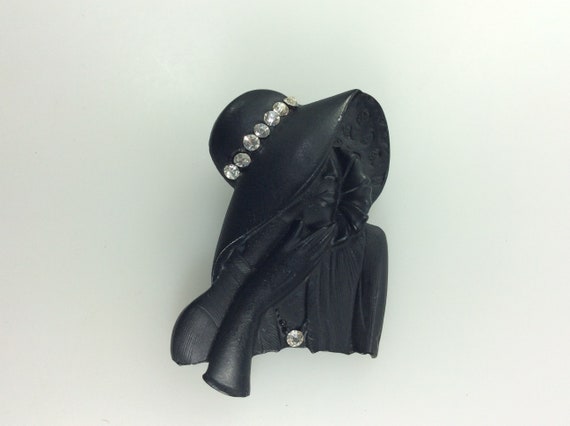 Lady in Black Hat Brooch Vintage Rhinestone Pin. Lapel 