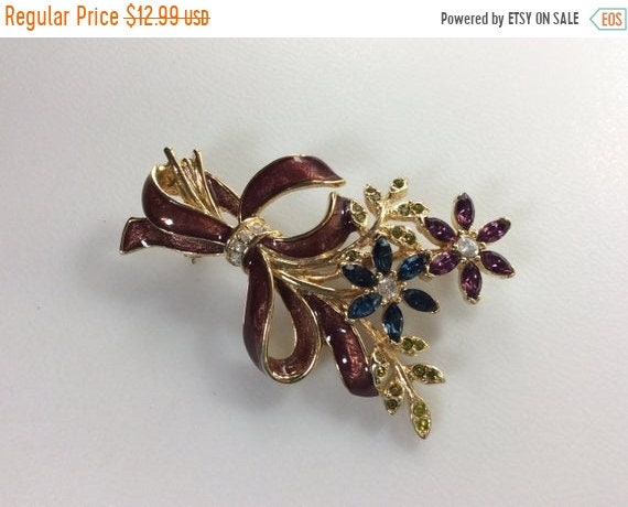 pearlescent enamel and silk Vintage MONET moonglow flower brooch with rhinestones