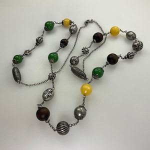 Vintage 40” Necklace With Silver Toned Brown Wood Green And Yellow Beads Used