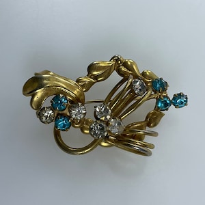 Vintage Pin Brooch Gold Toned Floral Design With Blue And Clear Rhinestones Used