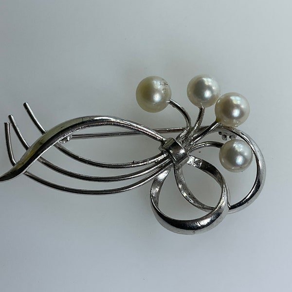 Vintage Pin Brooch Sterling Silver 925 Floral Design With White Pearls Used