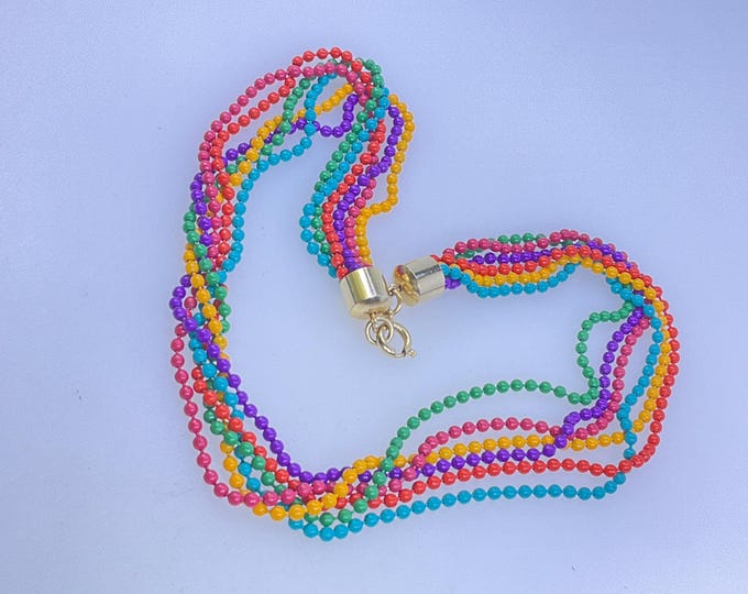 Vintage 15” Necklace 6 Strands Enameled Ball-chains Blue Red Green ...
