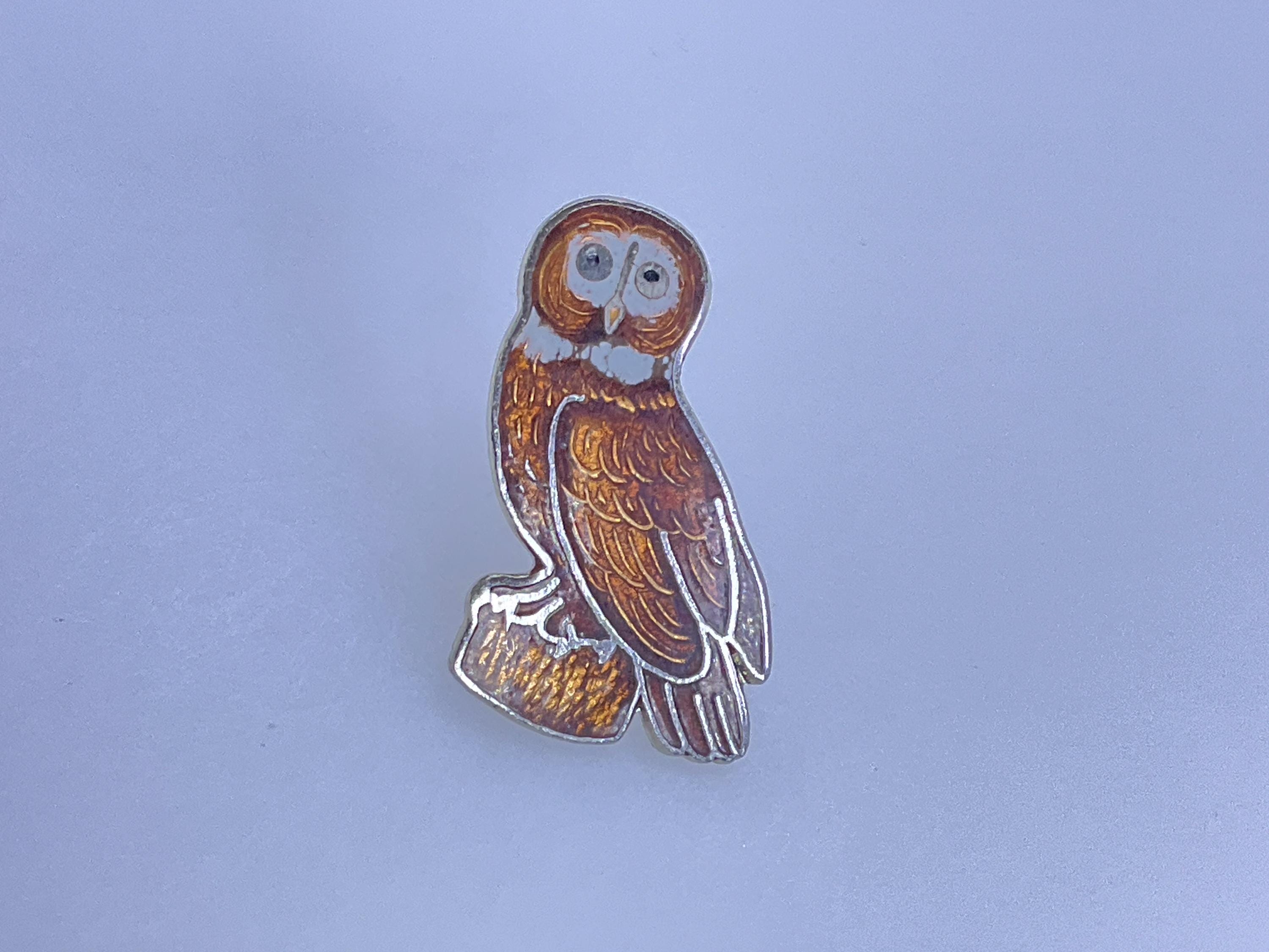 Vintage Pin Brooch Silver Toned Enameled Owl Brown Black White Used