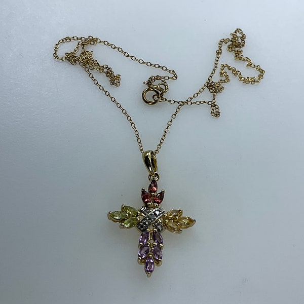 Vintage 18” Necklace Sterling Silver 925 Gold Washed Cross With Peridot Citrine Amethyst Garnet And Clear stones Used