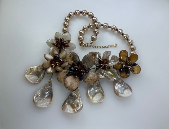 Vintage 18”-21” Necklace Flowers With Shell Brown… - image 1