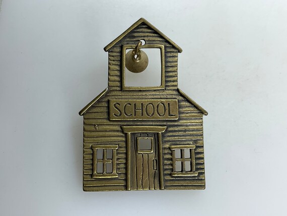 Vintage JJ Pin Brooch Brass Toned Schoolhouse Wit… - image 1