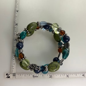 Vintage 6 Bracelet Wired With Silver Toned Green Blue Brown Beads Used image 2