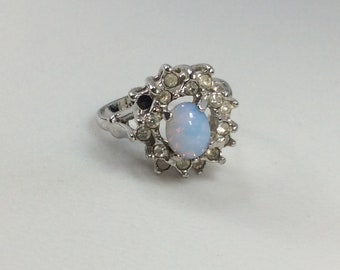 Vintage Ring Size 8 Silver Toned With Synthetic Opal And Rhinestones Missing Stone Used