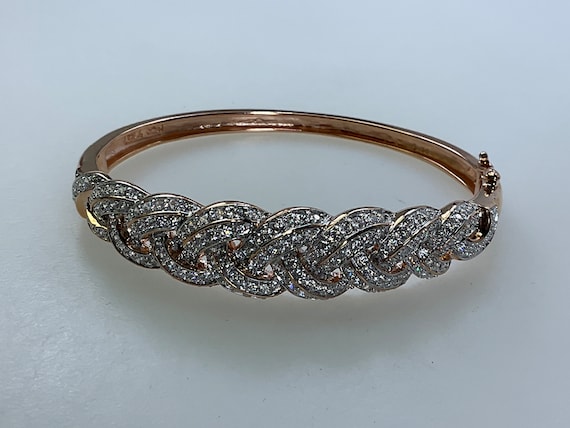 Vintage 7.75” Bracelet Sterling Silver 925 Gold Washed Hinged Braid Design With Clear Stones Used