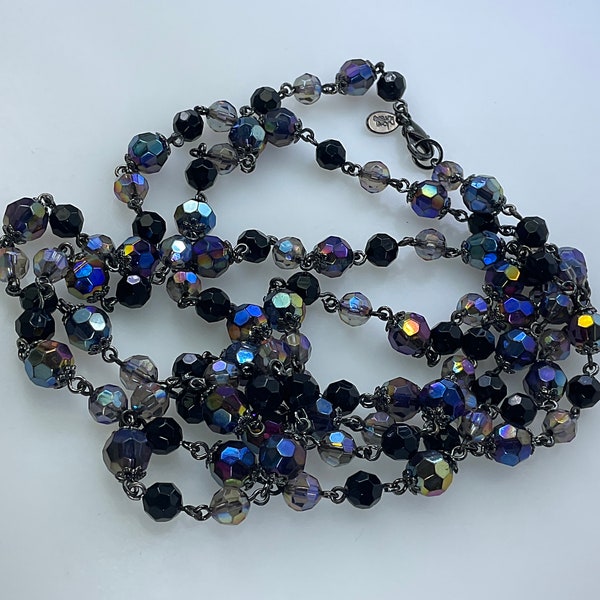 Vintage Joan Rivers 58” Necklace Oxidized With Faceted Plastic Beads AB Smokey Black And Peacock Used
