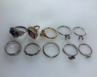 Vintage Lot Of Ten Rings Gold Silver Toned Assorted Sizes And Styles Minor Issues As Is Used