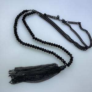 Vintage 32”-36” Necklace Black Enamel Glass Beads and Tassel Used 