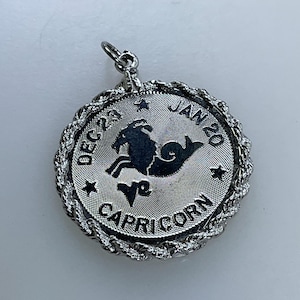 May include: Silver zodiac pendant with a black Capricorn design. The pendant has a rope-like border and the text "DEC 22 - JAN 20" and "CAPRICORN".