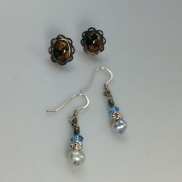 Vintage Lot Two Pair Earrings Sterling Silver 925 With Blue And Pearl Beads And Oval Multi Color Stone Used