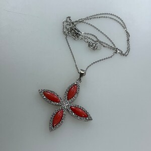 Vintage 18”-20” Necklace Sterling Silver 925 Cross Design With Coral And Clear stones Used