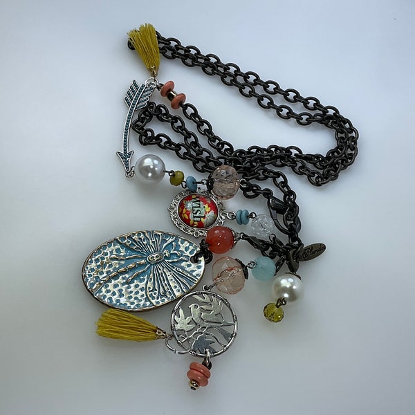 Vintage Plunder 34” Necklace Oxidized Silver Toned With Beads Dragonfly Arrow Bird Wish Blue Yellow Pink White Used