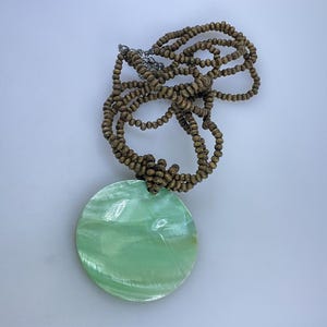 Vintage 17”-20” Necklace 3 Strands With Green Round Shell And Brown Wood Beads Used
