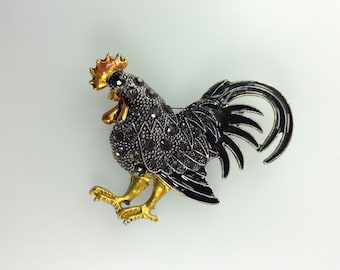 Vintage Pin Brooch Silver Toned Rooster Design With Orange Yellow Enamel Smokey And Black Rhinestones Old Stock