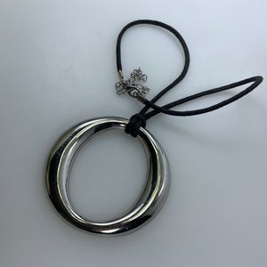 Vintage 14”-17” Necklace Silver Toned Oval On Black Cord Used