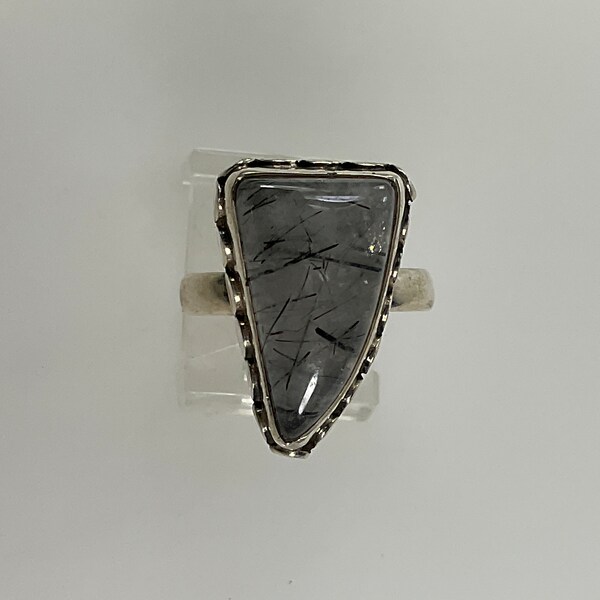 Vintage Ring Size 7 Sterling Silver 925 Triangle Design With Black Tourmaline Included Quartz Used