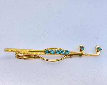 Vintage Gold Toned Tie Clip With Golf Clubs Blue Stones Used