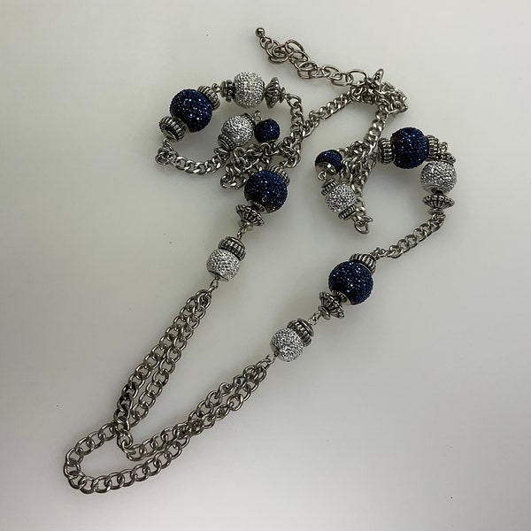 Vintage 34”-37” Necklace Silver Toned With Blue And Clear Crystal Encrusted Beads Used