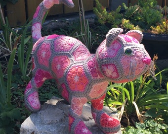 Custom handmade crochet African Flower Cat