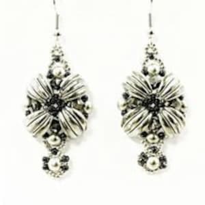 May include: Silver and black beaded earrings with a flower design. The earrings are dangle style and have a pearl accent.