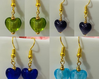 Handmade foil glass heart drop earrings gold plated nickel & lead free