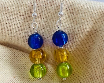 Handmade Foil lined glass bead drop earrings silver plated nickel & lead free UK