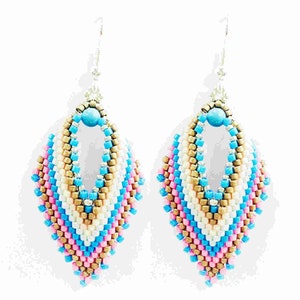 May include: A pair of dangle earrings with a teardrop shape. The earrings are made of small beads in shades of pink, white, blue, and gold. The earrings have a silver hook.