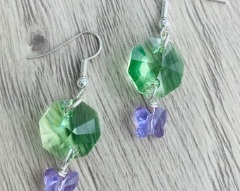 Handmade Swarovski Kristall Schmetterling Tropfen Ohrringe peridot violett Ohrringe versilbert nickel- und bleifrei