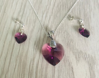 Handgefertigter Swarovski-Kristall-Herz-Anhänger und Ohrringe-Set aus Sterlingsilber, Amethyst