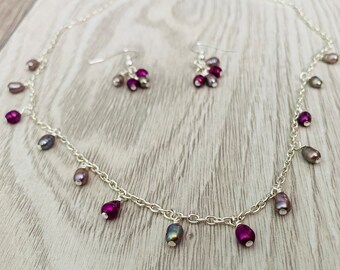 Handmade freshwater pearl necklace and earrings set silver plated