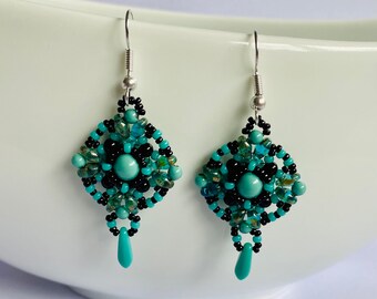 Handmade beaded Earrings Swarovski pearls Miyuki seed beads Turquoise Black