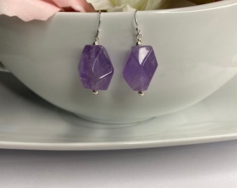Amethyst nugget drop earrings sterling silver handmade semi precious stones