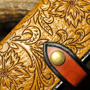 Portefeuille long en cuir repoussé, portefeuille long, portefeuille pour femme, portefeuille pour homme, porte-cartes, portefeuille occidental, porte-billets, pliant, cuir sculpté, floral